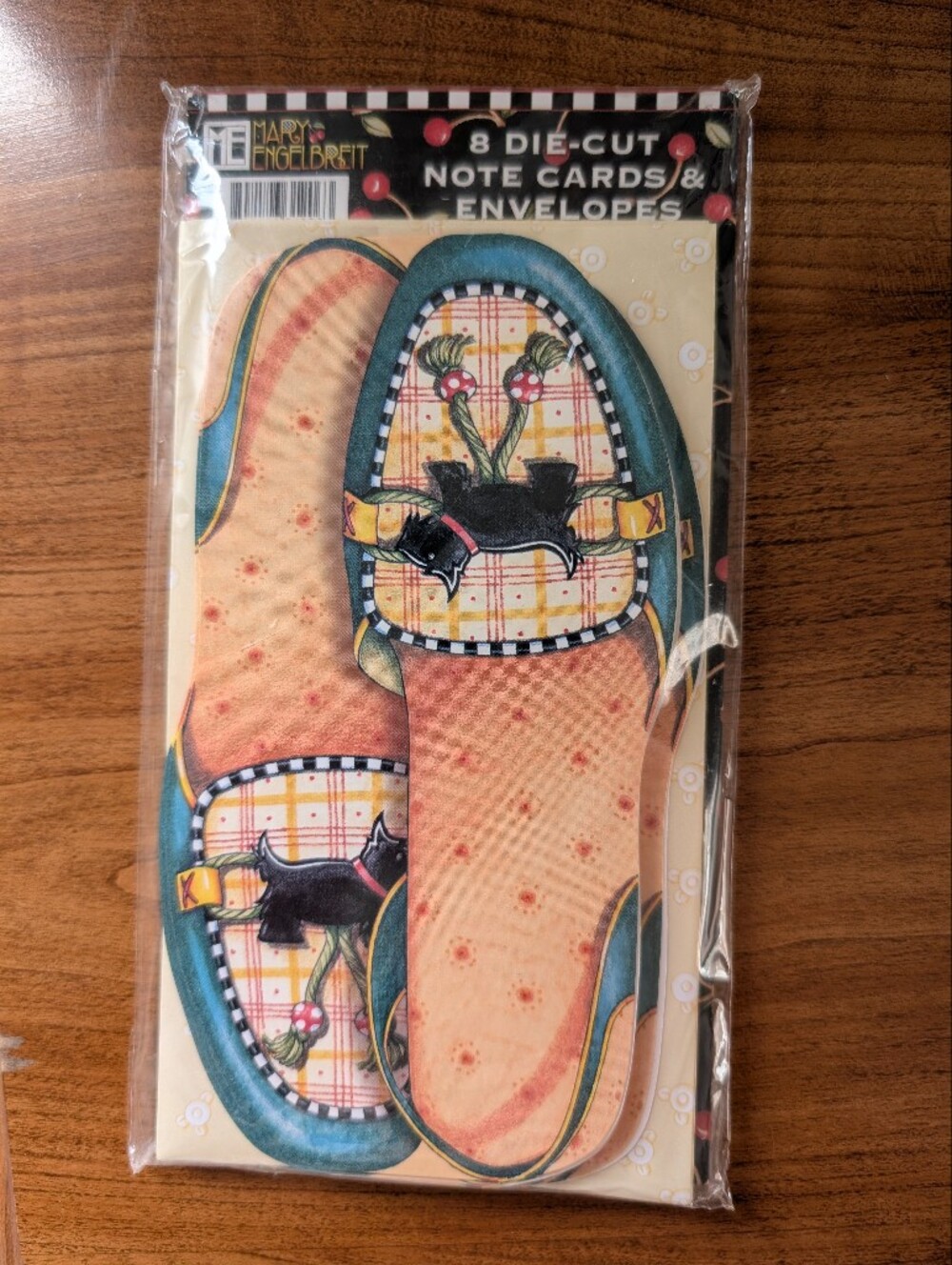 Set Of 8 Mary Engelbreit Cute Scotty Dog Shoe Note Cards - Teal and Peach New